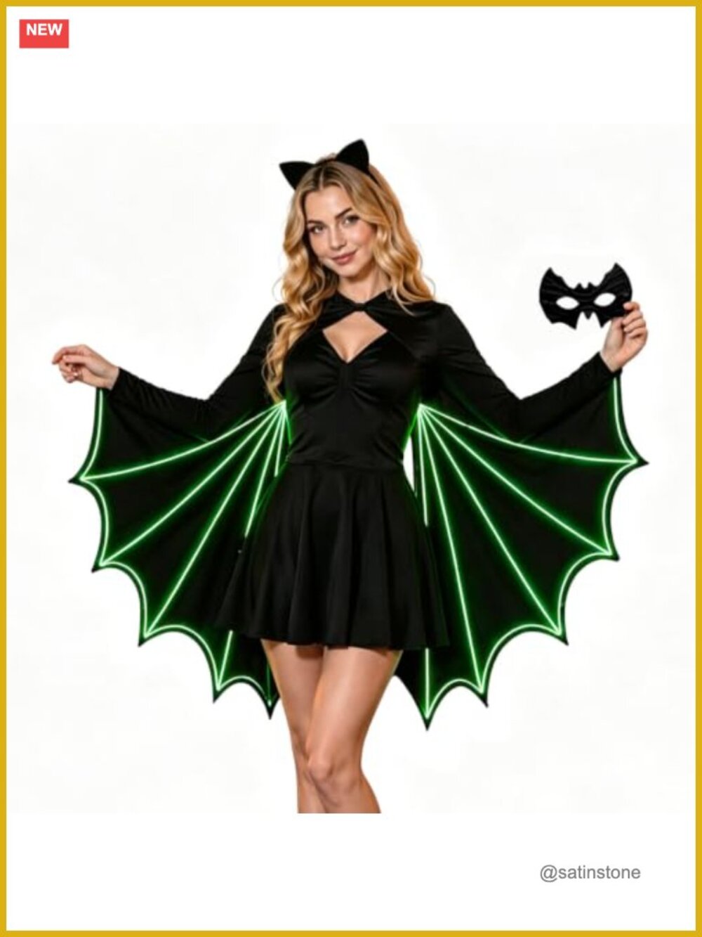 Glow in the Dark Bat Wings Costume Set Cape Headband Eye Mask Adult